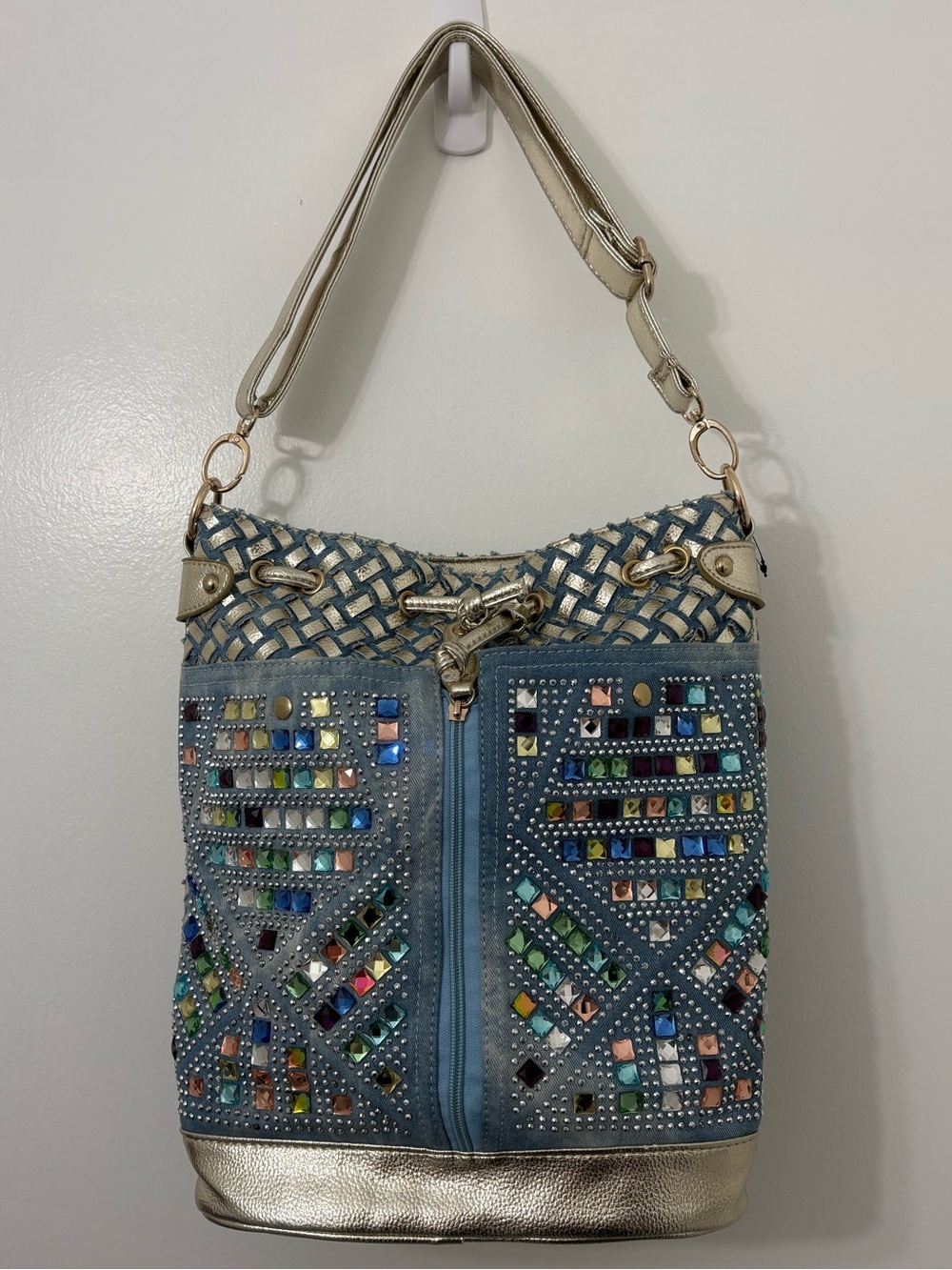 Purse / Backpack Bag Light Blue Denim Gold Rhinestones Pockets Adjustable Straps